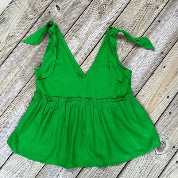 Who What Wear Women's Bright Green Linen Blend Tie Shoulder Top Size XS - Picture 2 of 7